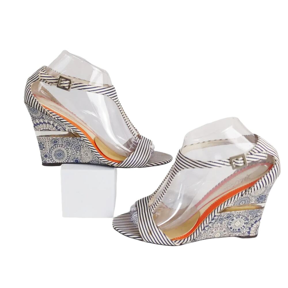 Y2K Lela Rose Women's 8.5 Navy Striped‎ Boho Fabric Strappy Wedge Heels Sandals
